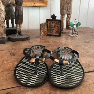 B&W Coach Sandals with Gold Bow Detail